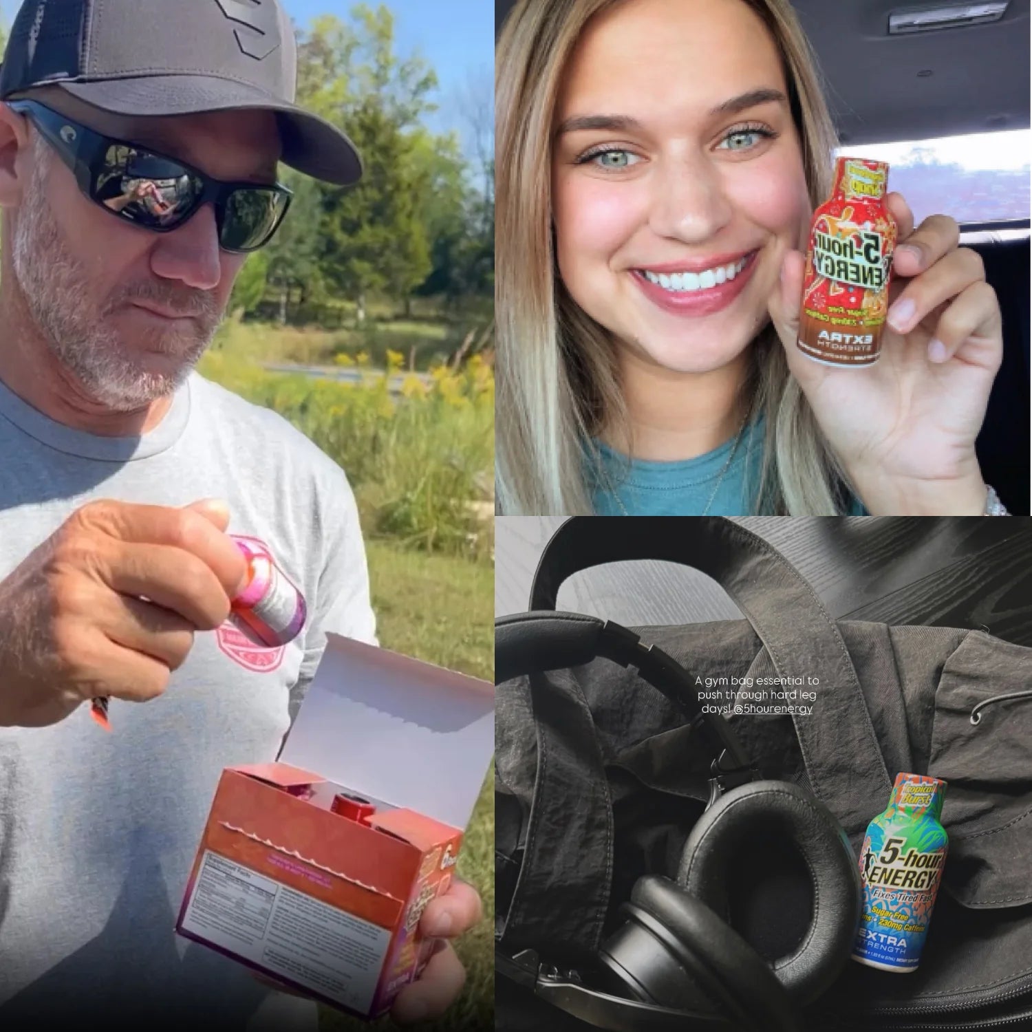 A collage showing a man outdoors opening a bottle and box, a smiling woman holding a bottle inside a car, and a bottle placed on a black backpack with headphones. The bottle label reads '5+ Power Energy' and 'ARTY'.