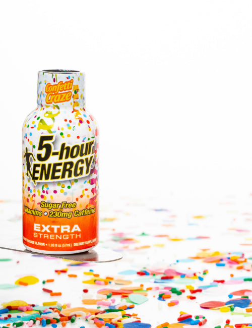 5-hour ENERGY Extra Strength bottle with colorful confetti on a white background