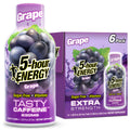 A bottle of Grape 5-hour Energy Tasty Caffeine Extra Strength next to a purple 6-pack box, featuring grape illustrations and product branding on a white background.