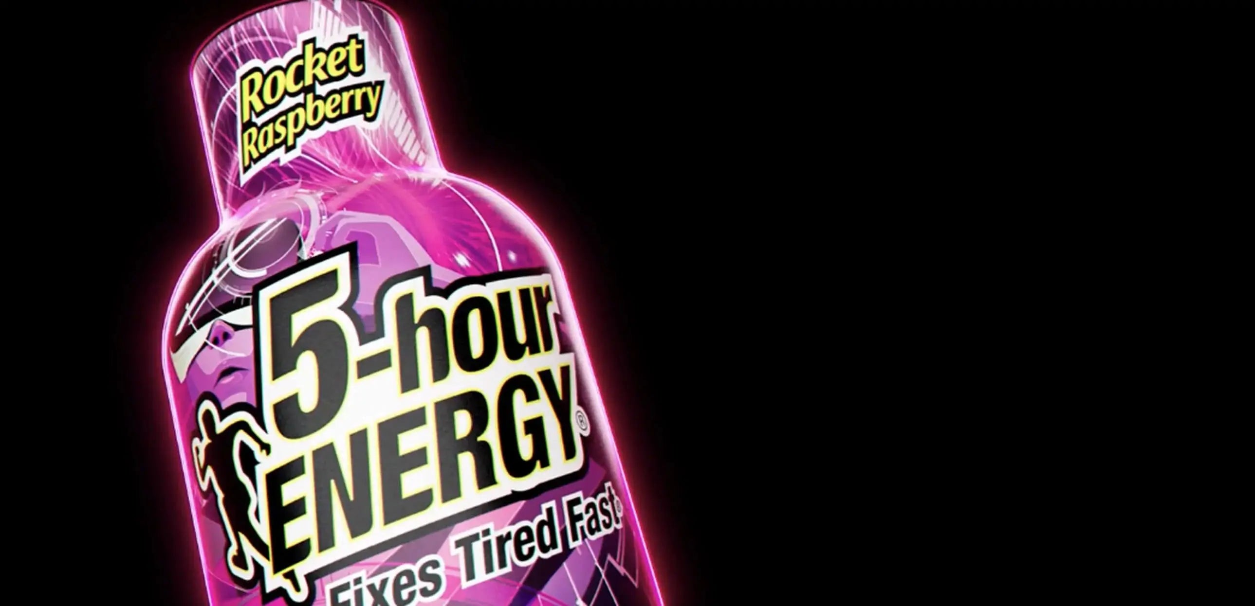 Pink 5-hour ENERGY shot bottle with 'Rocket Raspberry' flavor on a black background