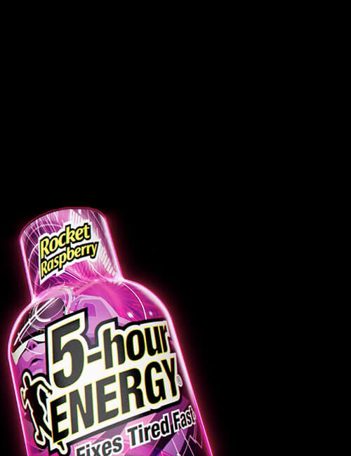 Pink 5-hour ENERGY shot bottle with 'Rocket Raspberry' flavor on a black background