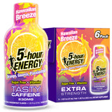 A bottle of Hawaiian Breeze 5-hour Energy Tasty Caffeine Extra Strength drink supplement next to its 6-pack box packaging, featuring orange, guava, and passionfruit flavor.