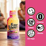 A bottle of Hawaiian Breeze 5-hour Energy shot showing product benefits like tasty, 230 mg caffeine, 0 calories, vitamins, and zero sugar.