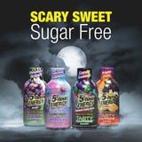 Four bottles of 5-hour Energy sugar-free candy-coated shots displayed against a dark, smoky background with a full moon and the text 'SCARY SWEET Sugar Free' at the top.