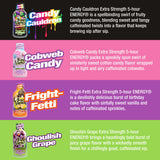 A promotional graphic showing four beverage bottles with flavor names and descriptive text on colored background panels: Candy Cauldron, Cobweb Candy, Fright-Fetti, and Ghoulish Grape. 