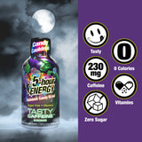 A bottle of Tasty Caffeine 5-hour Energy with a purple and black label, shown against a dark cloudy sky with a full moon. The right side features a purple panel with feature icons: Tasty, 0 Calories, 230 mg Caffeine, Vitamins, and Zero Sugar.