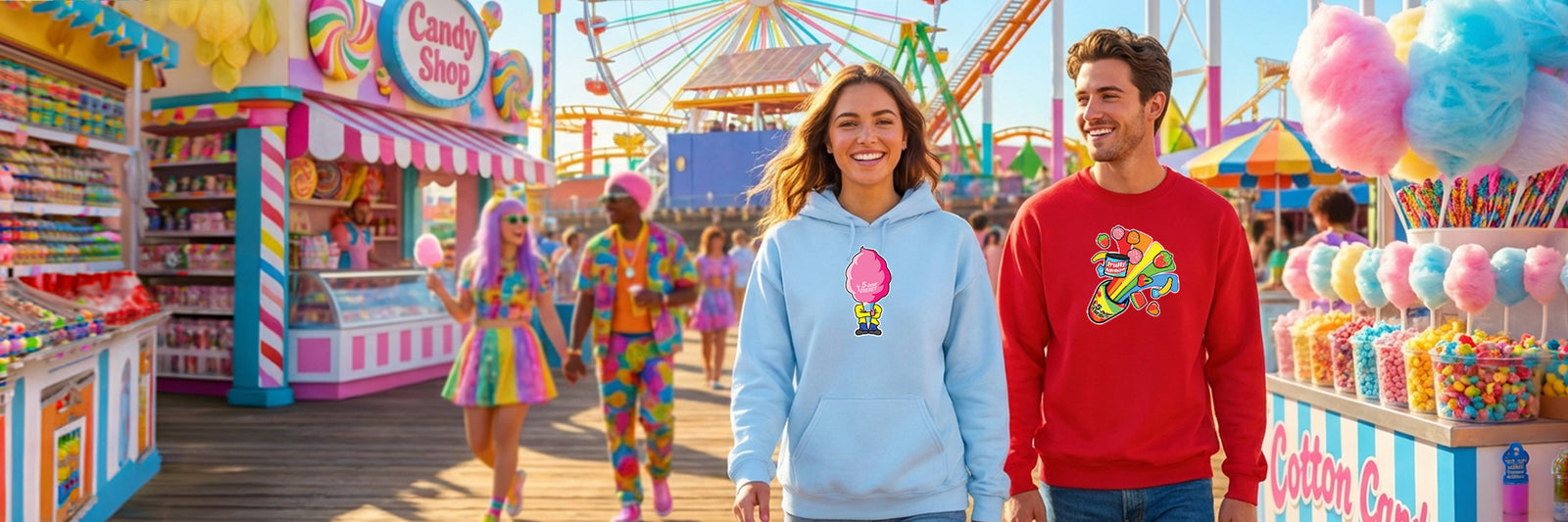 Two people standing in front of a colorful carnival scene with various booths and attractions.