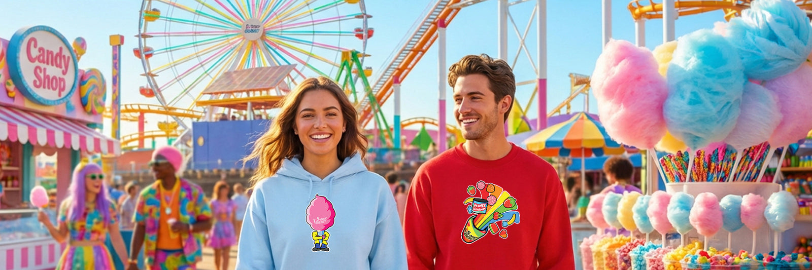 Two people standing in front of a colorful carnival with Ferris wheel and cotton candy.