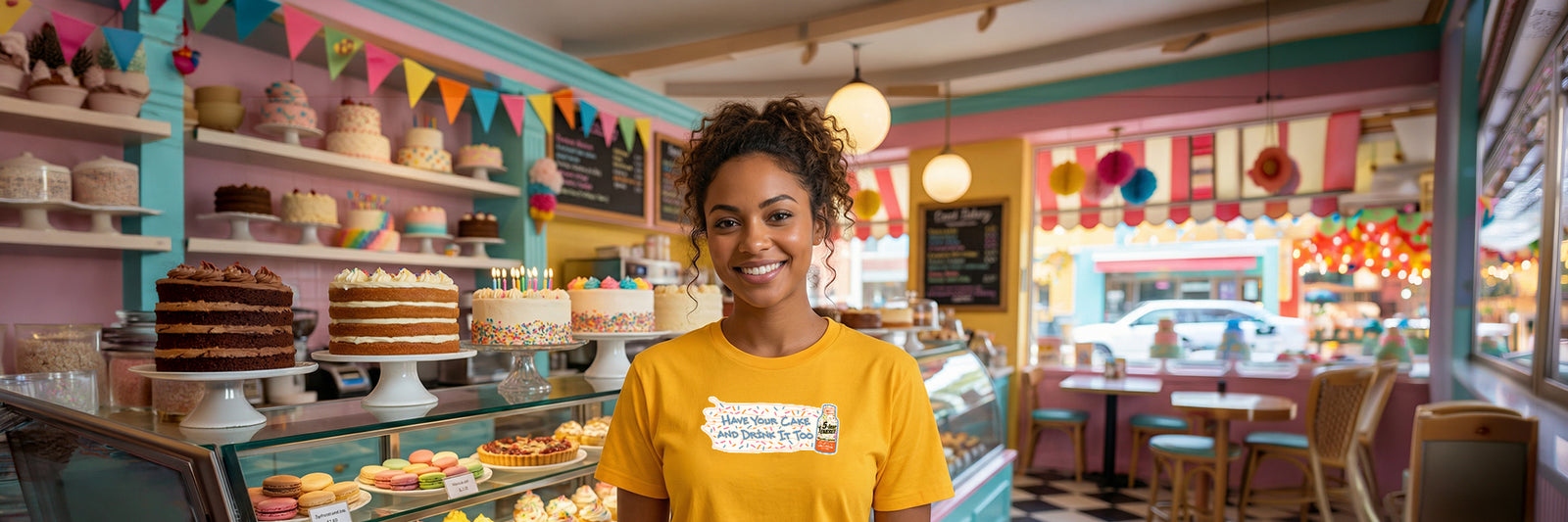 Woman in a yellow shirt standing in a bakery with various baked goods on display.
