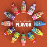 Twelve bottles of 5 Hour Energy drink arranged in a circle on a warm orange-brown background, with large white text in the center reading 'Find Your Favorite FLAVOR.' 