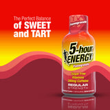 5-hour ENERGY Pomegranate bottle on a red and orange gradient background