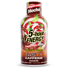 A bottle of 5-hour Energy Peppermint Mocha dietary supplement, featuring a brown and red label with green mint leaves and chocolate pieces, on a white background.