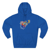 Blue hoodie with a colorful graphic design on a white background