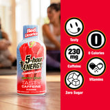 5-hour ENERGY Strawberry Licorice bottle with product details on a red background