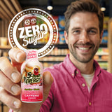 Man holding a 5-Hour Energy drink with a 'Zero Sugar' label in a store setting
