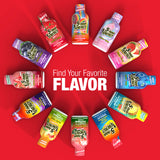 Twelve bottles of 5 Hour Energy drink arranged in a circle on a bright red background, with large white text in the center reading 'Find Your Favorite FLAVOR.' The bottles show multiple flavor options including strawberry, blueberry, grape, peach, cola, and lime, with the brand name 5 Hour Energy visible on each bottle.