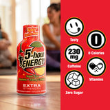 A bottle of 5-hour Energy Extra Strength Cinco De Mango flavor alongside a red graphic panel with icons stating Tasty, 0 Calories, 230 mg Caffeine, Vitamins, and Zero Sugar.
