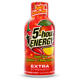 A bottle of 5-hour Energy Extra Strength Spicy Mango flavor, featuring a bright red label with chili peppers, a mango slice, and bold white and yellow text, set against a plain white background.