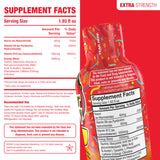 Supplement facts label for Extra Strength Cinco De Mango, showing serving size 1.93 fl oz and a recommended usage panel with dosage amounts for Niacin, Vitamin B6, and Vitamin B12.