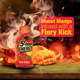 A bottle of 5-hour Energy Extra Strength drink with a red and orange label, with sliced mango, chili peppers, and dramatic smoke/flame effects. A red text box reads 'Sweet Mango infused with a Fiery Kick.