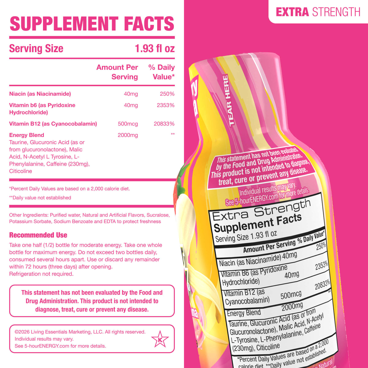 24 Pack 5-hour ENERGY Extra Strength Shots, Strawberry Banana Flavor Flavor, 1.93 Fl Oz
