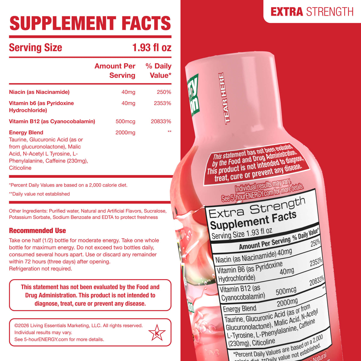24 Pack 5-hour ENERGY Extra Strength Shots, Strawberry Watermelon Flavor Flavor, 1.93 Fl Oz
