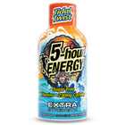 A bottle of Tidal Twist 5-hour Energy Extra Strength sugar-free. The bottle has an orange cap and a label featuring blue ocean waves, a muscular athlete, and bold black and yellow text.