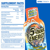 Tidal Twist Extra Strength supplement facts and packaging label. The left side shows a detailed supplement facts table, and the right side shows the orange and white Tidal Twist bottle