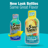 Two 5-hour Energy beverage bottles on a teal gradient background with the headline 'New Look Bottles Same Great Flavor.' 
