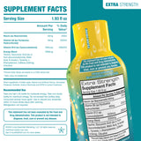 A close-up of a supplement facts label on a yellow bottle, with a large white information panel behind it. 