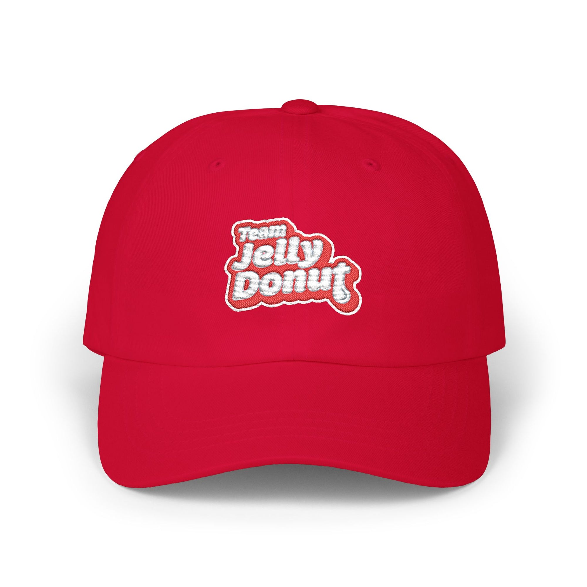 A red baseball cap featuring a white and red embroidered logo on the front that reads 'Team Jelly Donut', shown against a plain white background.