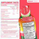 Supplement facts label for a regular strength supplement bottle, showing serving size 1.93 fl oz and daily values for Niacin, Vitamin B6, and Vitamin B12, with usage instructions and a warning.