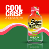 A bottle of 5-hour Energy Regular Strength watermelon drink supplement, set against a vibrant red, yellow, and green gradient background with pink and white wavy lines. Large white text on the left reads 'COOL CRISP & Caffeinated'.