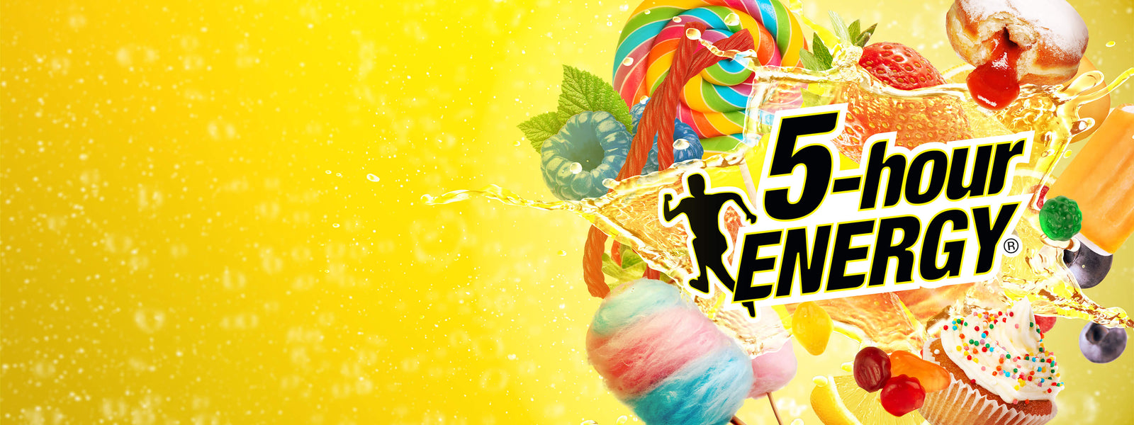 5-hour ENERGY drink mix with colorful candy and fruit on a yellow background